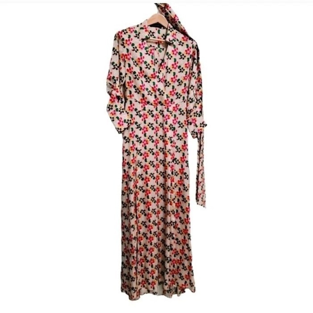 Purification Garcia Belt Wrap Top Double‎ Thigh Split Roll Tab Sleeve Maxi Dress